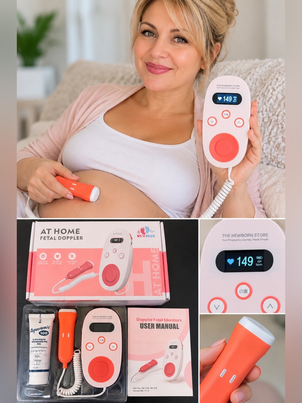 At Home Fetal Doppler Baby Heartbeat Monitor w/ Probe & Box